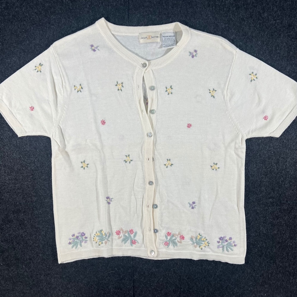 Jaclyn Smith Cardigan Womens M Ivory Floral Embroidered Short Sleeve Vintage